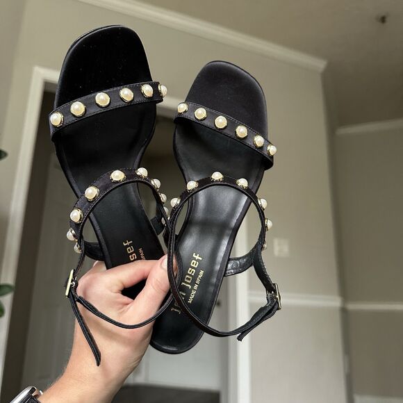 JON JOSEF CARSON Black & Faux Pearl Kitten Heels Size 7.5 EXCELLENT! - Picture 2 of 11